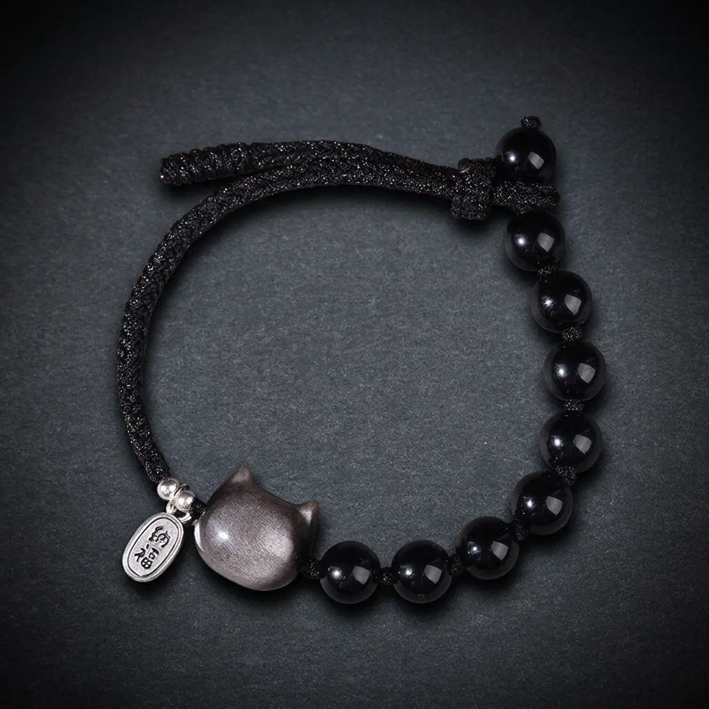 JiStones Midnight Obsidian & Silver Sheen Guardian Woven Bracelet Mystic Cat - Silver Sheen