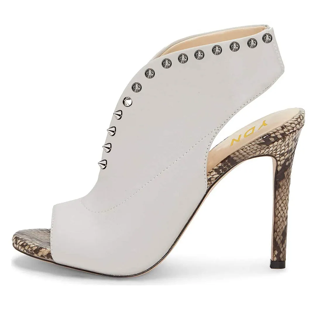 Ivory Vegan Leather Peep Toe Python Insole Studded High Heels Sandals