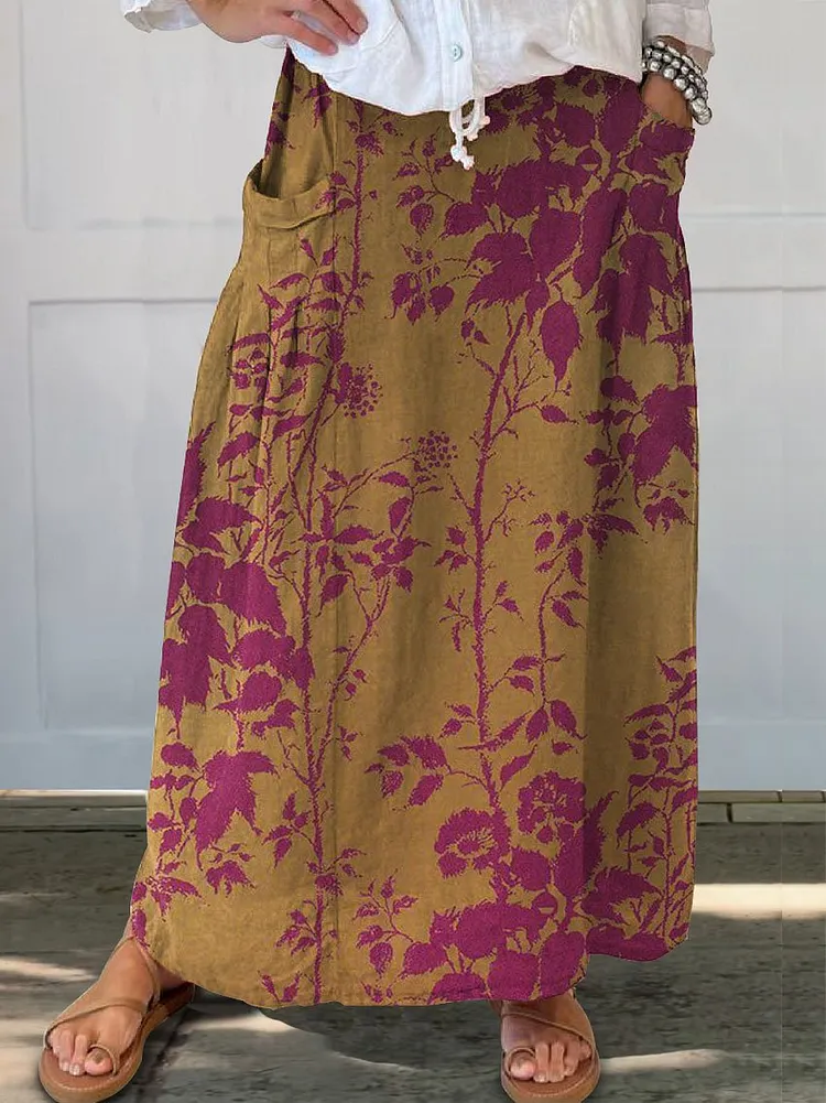 Women's  Floral Print Linen Pocket Skirt
