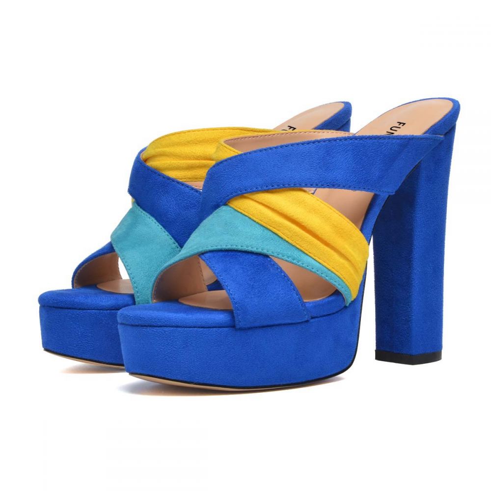 Multicolor Vegan Suede Platform Heel Crossover Strap Mules Sandals Nicepairs