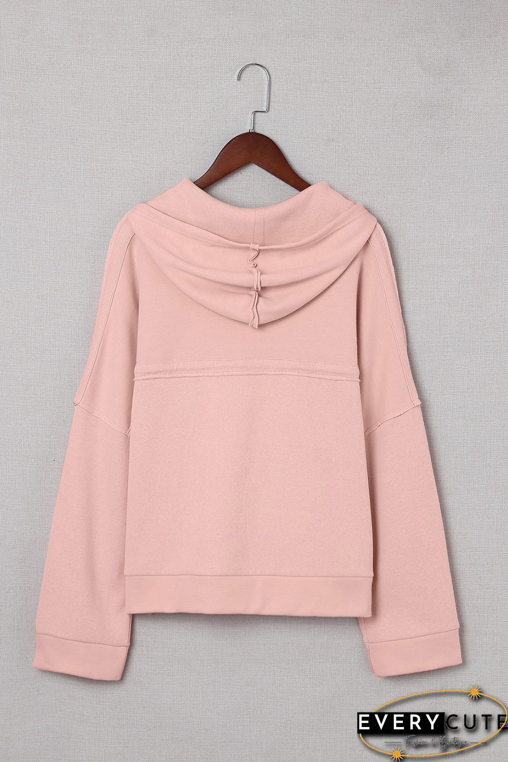 Pink Casual Button Solid Patchwork Trim Hoodie