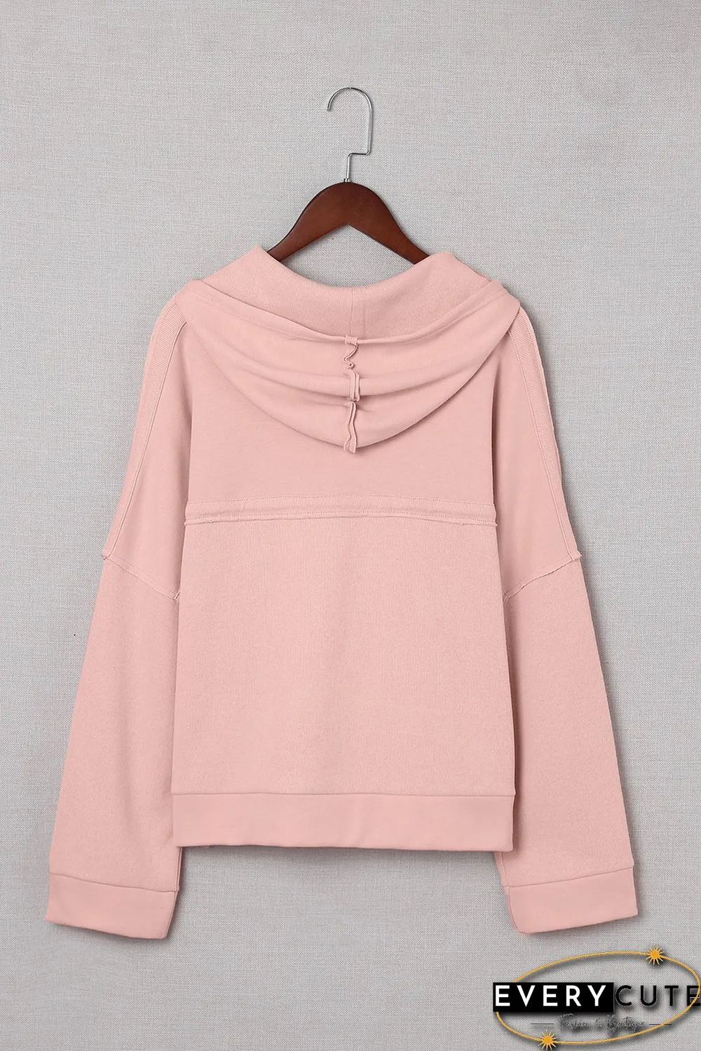 Pink Casual Button Solid Patchwork Trim Hoodie