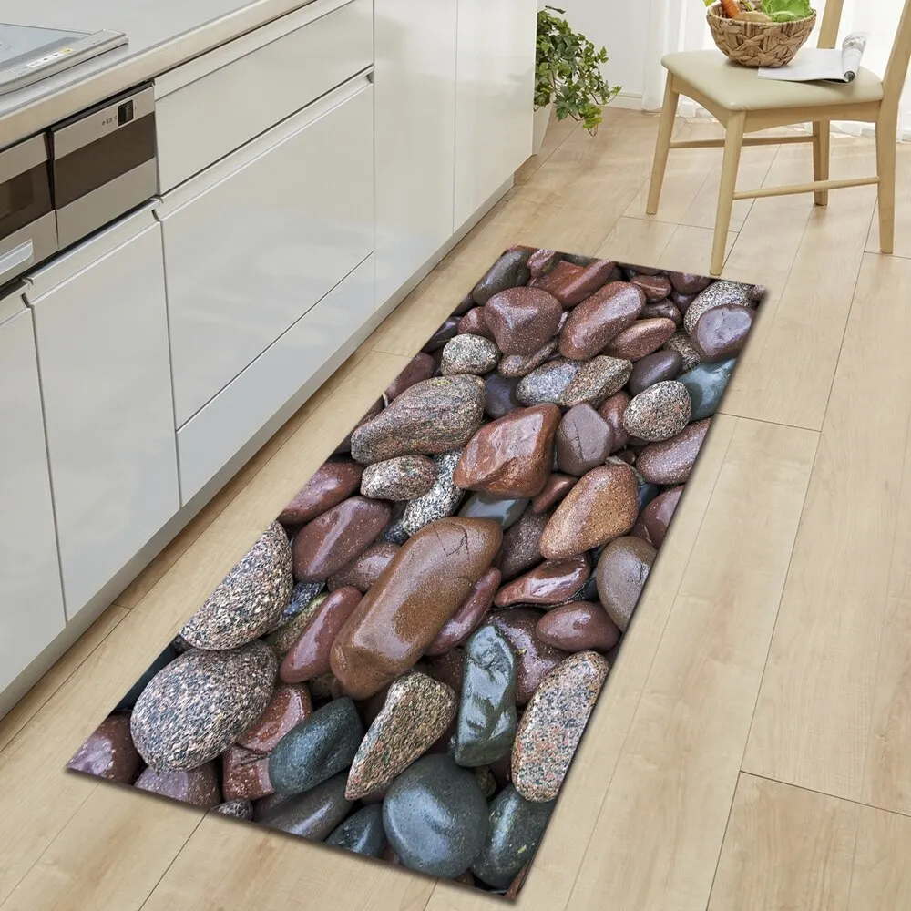 Wood Grain Kitchen Carpet Entrance Doormat Bedroom Hallway Floor Mat 3D Cobblestone Bathroom Water Absorption Anti-slip Long Rug