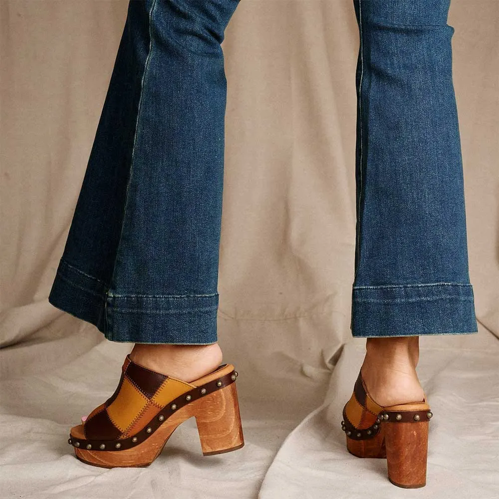 Multicolor Round Toe Stitching Studded Platform Color Block Mules