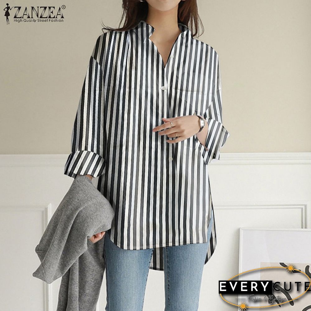 Womens Turn Down Collar T-Shirt Full Sleeve Front Pockets Loose Shirt Button Striped Print Tops S-5XL