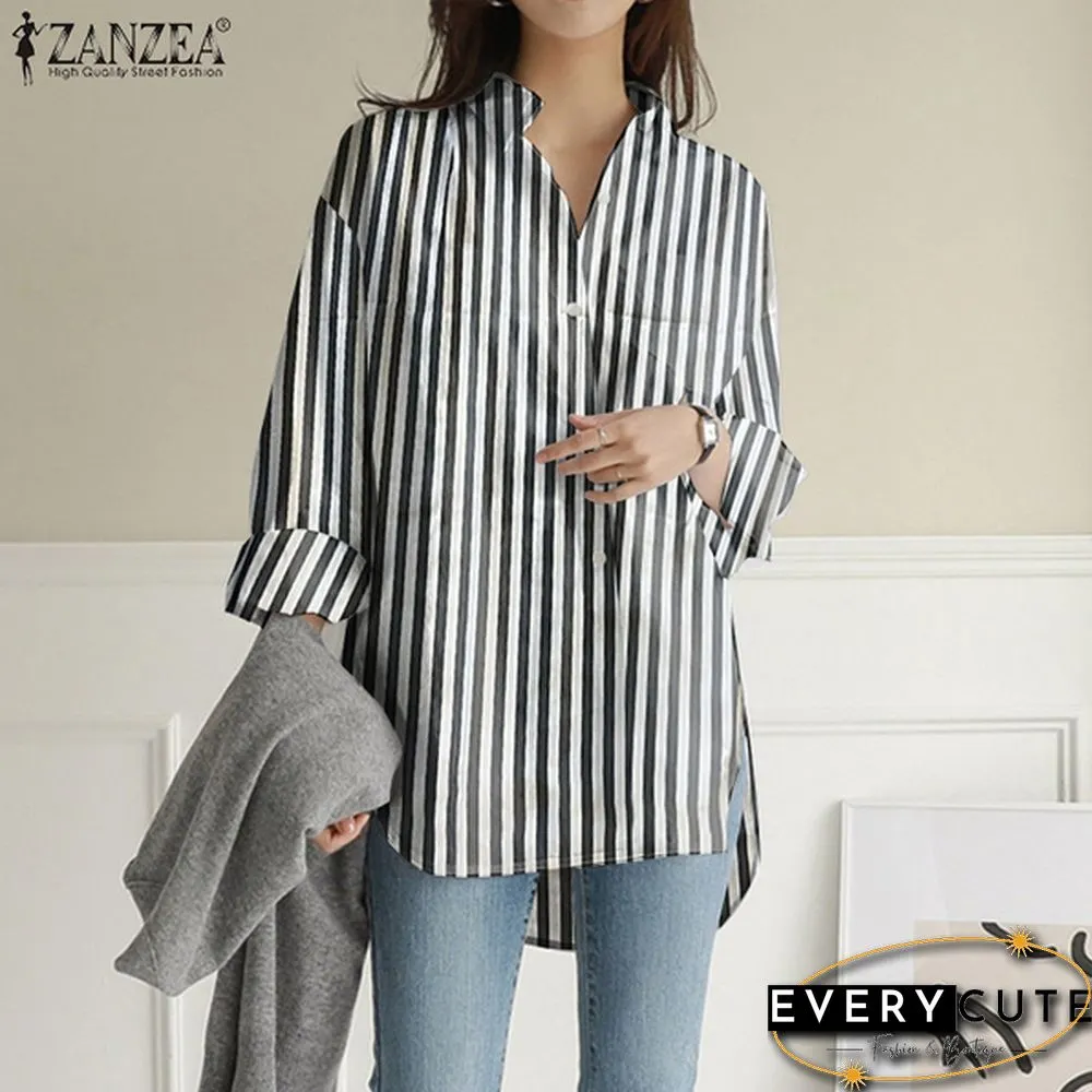 Womens Turn Down Collar T-Shirt Full Sleeve Front Pockets Loose Shirt Button Striped Print Tops S-5XL