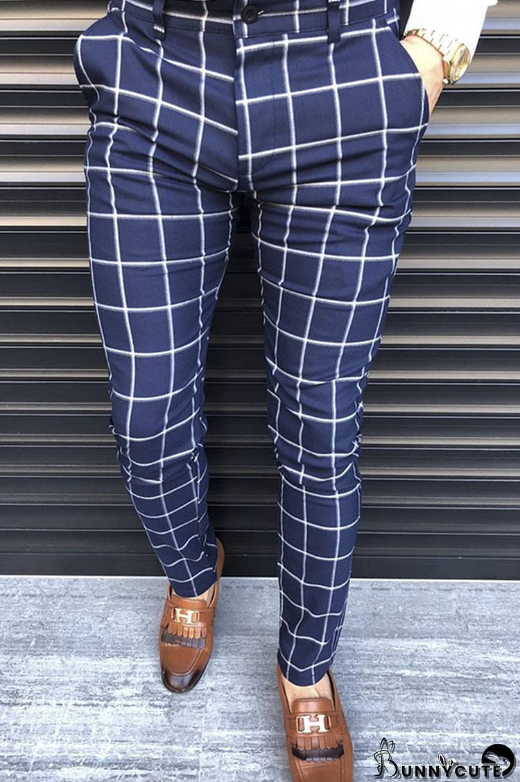 Navy Blue Fashion Work Plaid Basic Mid Waist Pencil Full Print Bottoms
