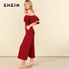 SHEIN Burgundy Zip Back Layered Ruffle Bardot Sexy Jumpsuit Women Off the Shoulder Skinny Wide Leg Solid Summer Party Jumpsuits