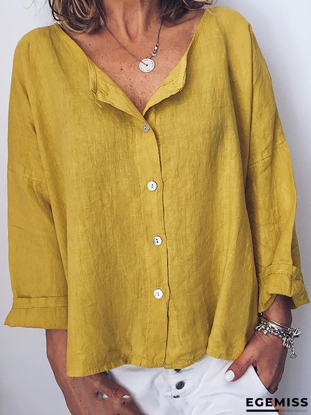 Long Sleeve Solid Shirts Plus Size Blouses Linen | EGEMISS