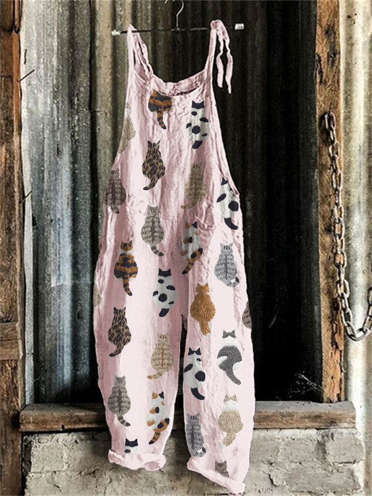 Cute Cats Embroidery Pattern Linen Blend Casual Jumpsuit