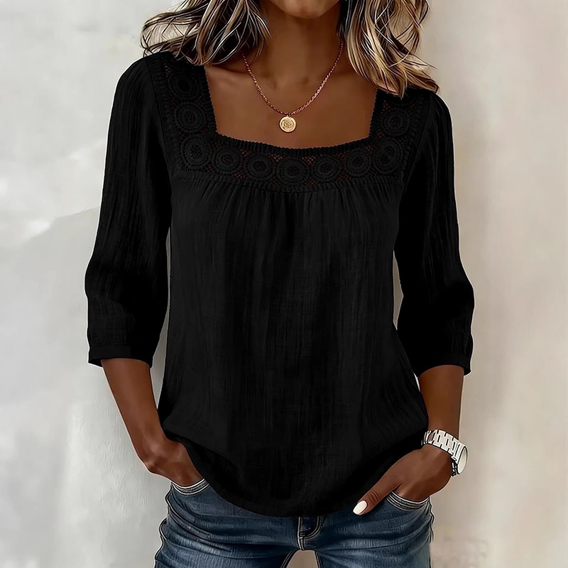 Comstylish Women's Solid Color Lace Linen Blend Loose T-shirt
