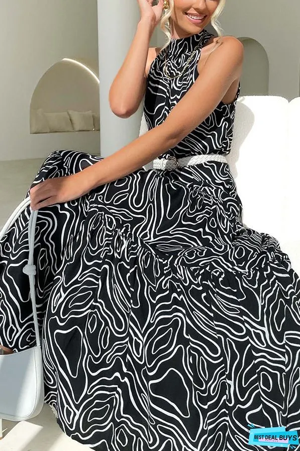 Elegant Loose Fashion Trend Print Lace Up Swing Dress