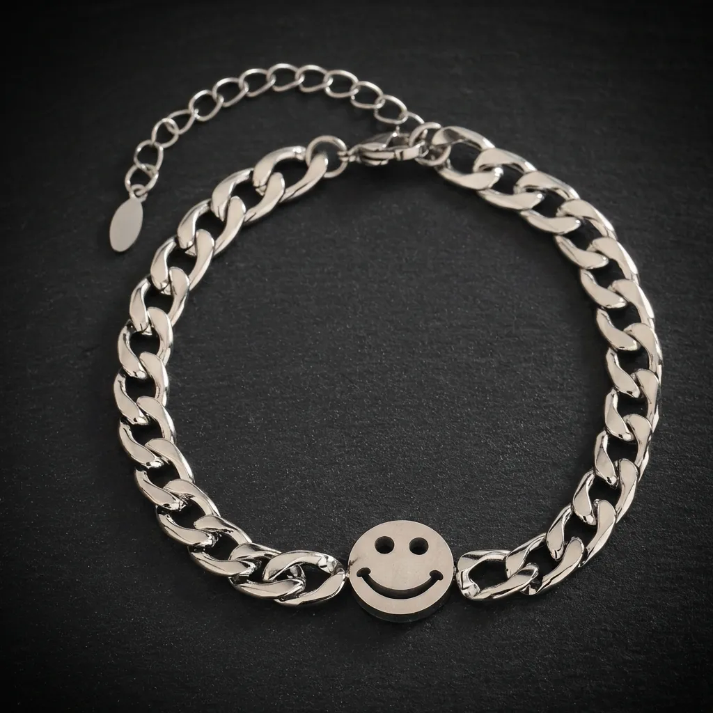 JiStones Urban Edge Cuban Link Bracelet - Premium Stainless Steel Statement Piece Smiley Face Charm Link