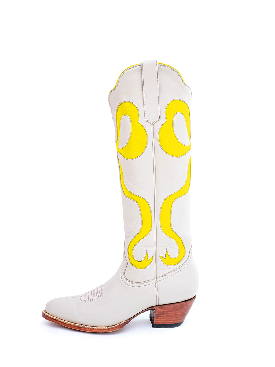 Women's Yellow Bow Inlay Wide Calf Knee High White Cowgirl Boots