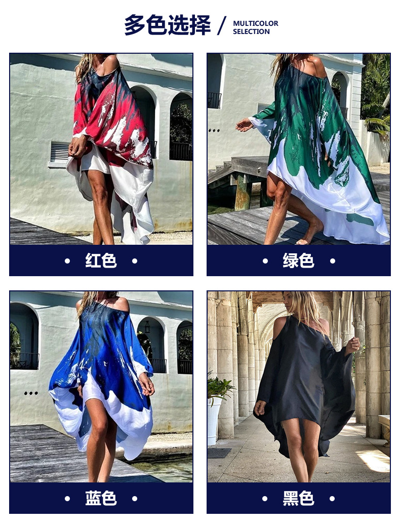 2025 Summer New Printed Dresses Women Sloping Shoulders Loose Casual Beach Vacation Irregular Dress Fashion Beachwear Vestidos