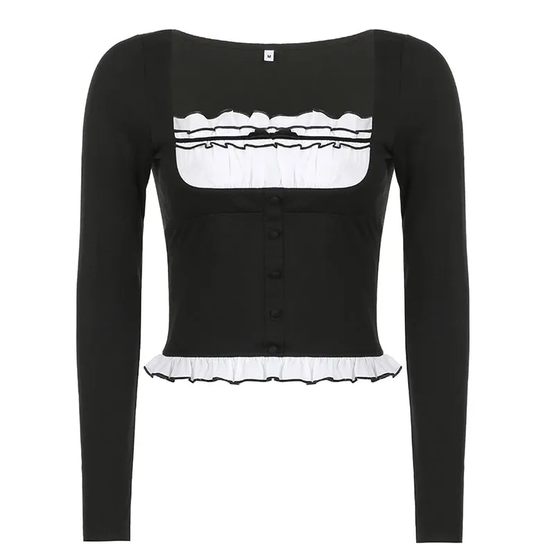 Rapcopter Y2K Sweet Cute Crop Top Lace Frill Bow Pullovers Vintage Square Collar T Shirt Women Skin Button Prepply Korean Tees