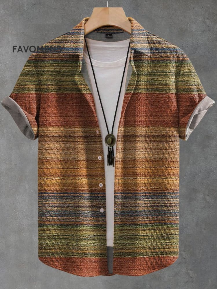 Vintage Horizontal Stripe Print Casual Jacquard Shirt Multicolor / S
