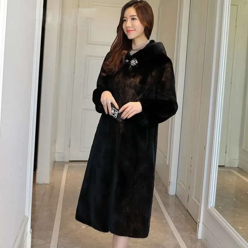 Imitation Fur Coat Women's Mink Fur Coat Women's Long Hooded 2021 Single Button Autumn And Winter Thickened And Slim Warm Coats