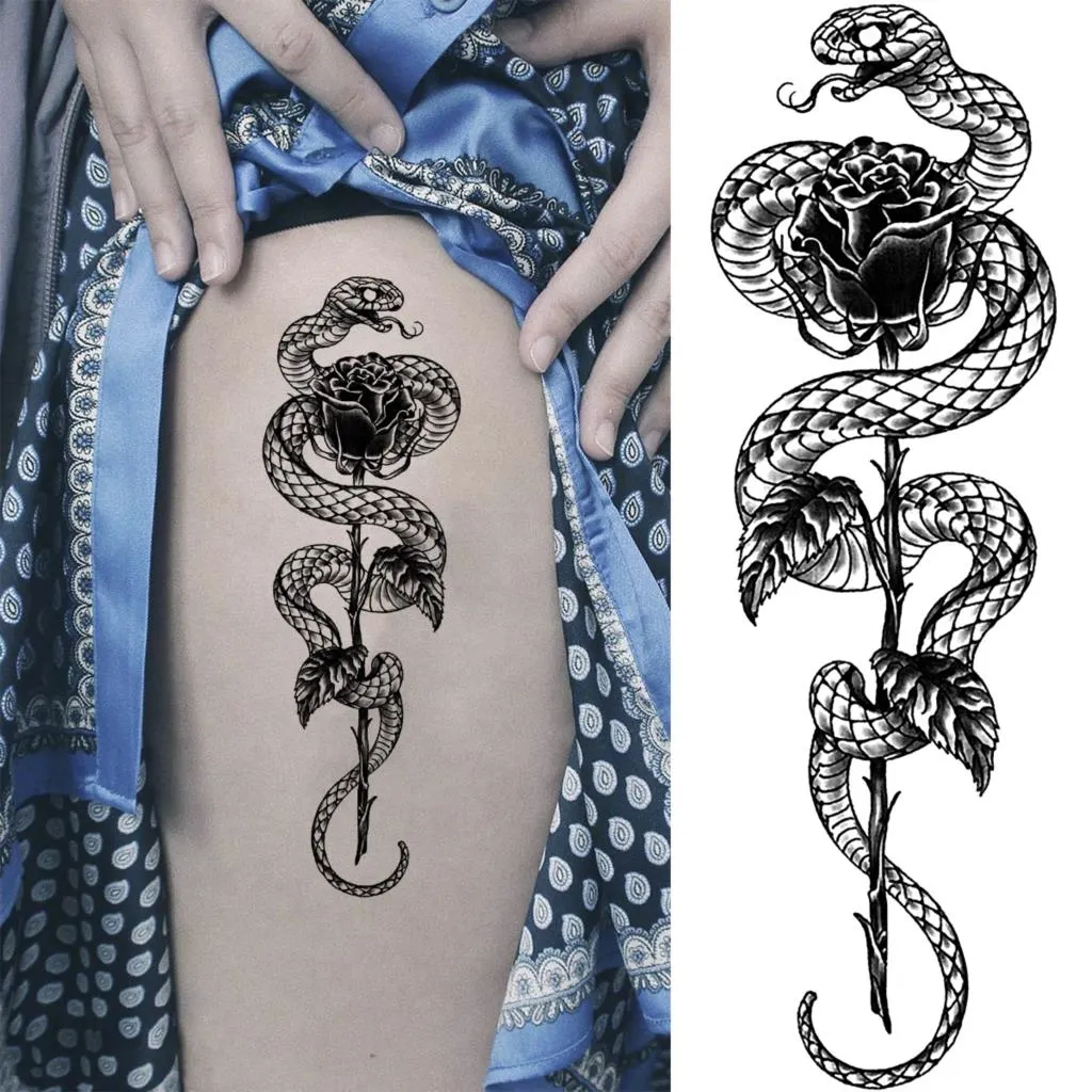 Black Rose Flower Snake Temporary Tattoos For Women Adult Peony Serpent Fake Tattoo Forearm Body Art Painting Waterproof Tatoos