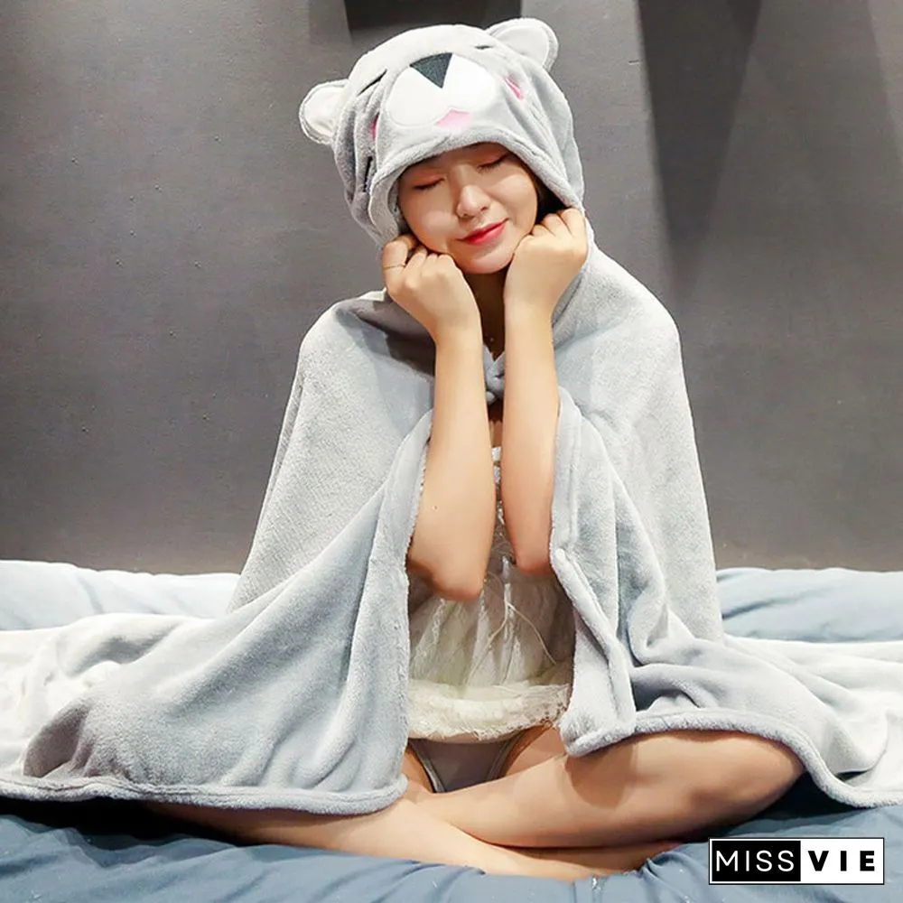 Cartoon Animals Print Plush Wearable Hooded Blanket