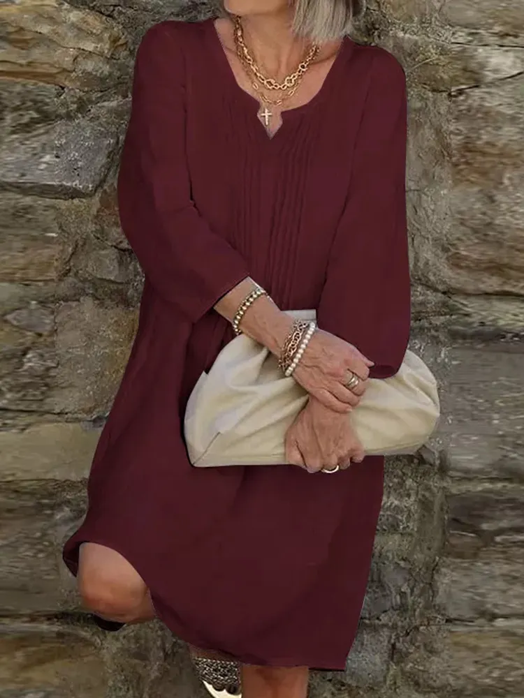 Solid Button Up Round Neck Midi Dress