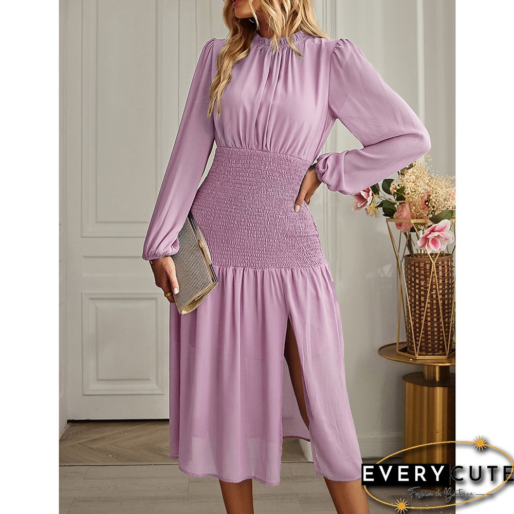Pink Ruffle Detail Pleated Chiffon Midi Dress