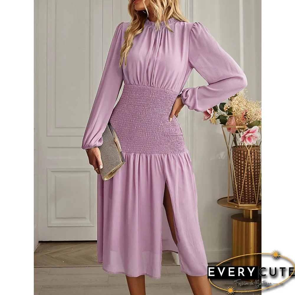 Pink Ruffle Detail Pleated Chiffon Midi Dress