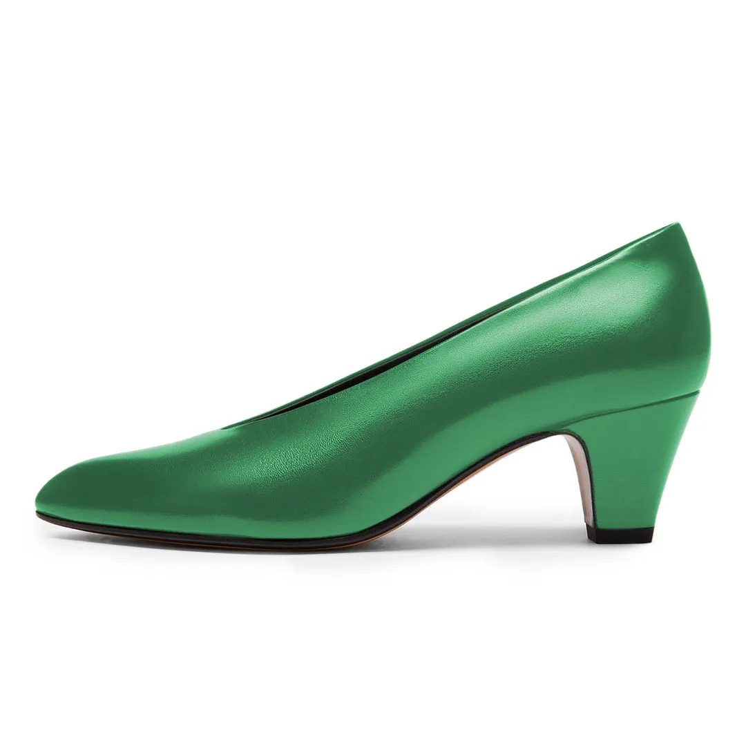 YDN Classic Green Pointed Toe Chunky Heel Slip-On Pumps Shoes
