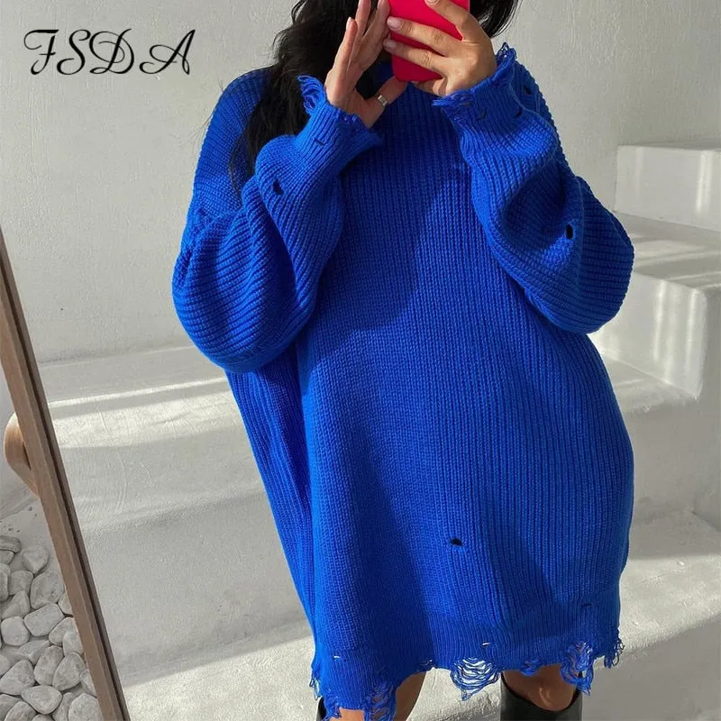 FSDA O Neck 2021 Green Sweater Dress Women Knitted Long Sleeve Autumn Winter Y2K Oversized Mini Elegant Dresses Party Sexy
