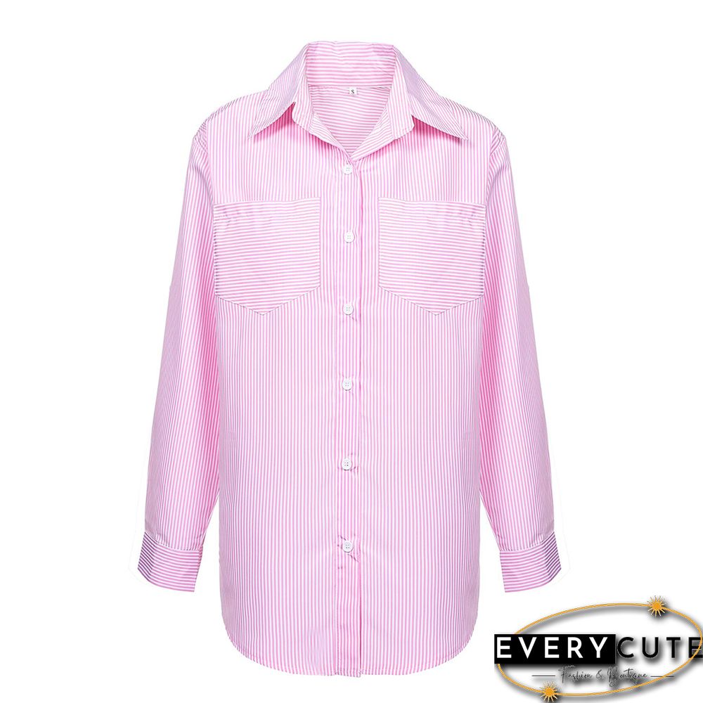 Pink Striped Print Button Long Sleeve Shirt