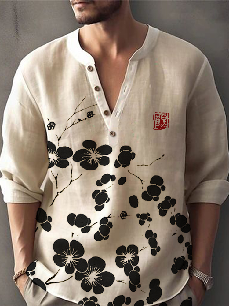 Cherry Blossom Japanese Lino Art Linen Blend Shirt  artssus