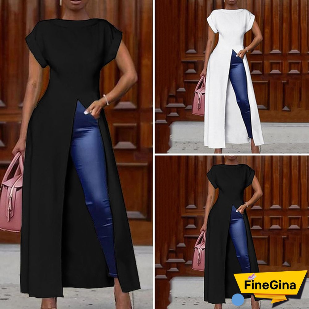 Women's Fashion Pure Short Sleeve Open Fork Blouse Irregular Swallowtail High-low Maxi Dress