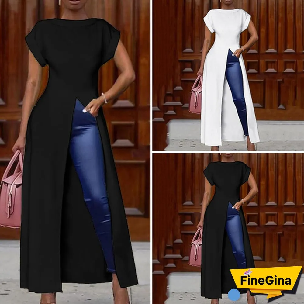 Women's Fashion Pure Short Sleeve Open Fork Blouse Irregular Swallowtail High-low Maxi Dress