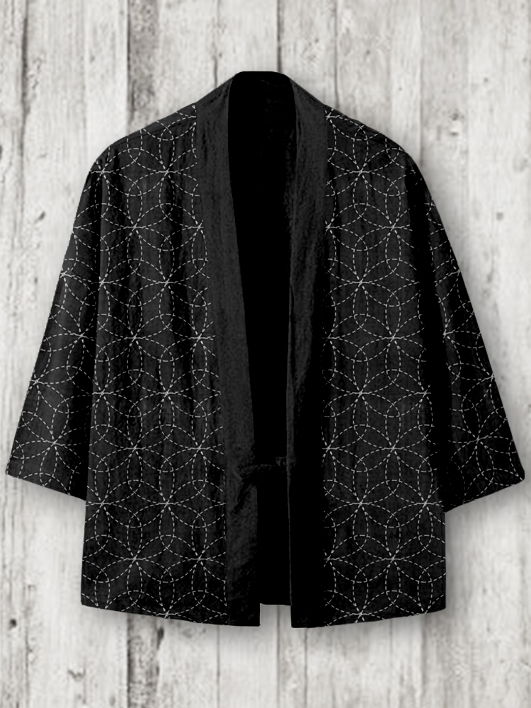Japanese Hana Zashi Flower Sashiko Art Linen Blend Kimono Cardigan  artssus