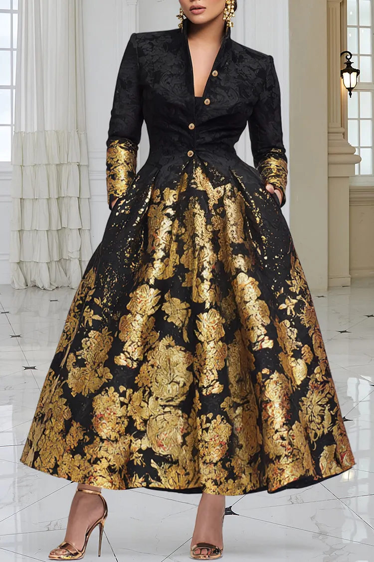 Xpluswear Design Plus Size Churchs Black Graphic Long Sleeve Pocket Elegant Button Satin Maxi Dresses Black-2XL/18-20