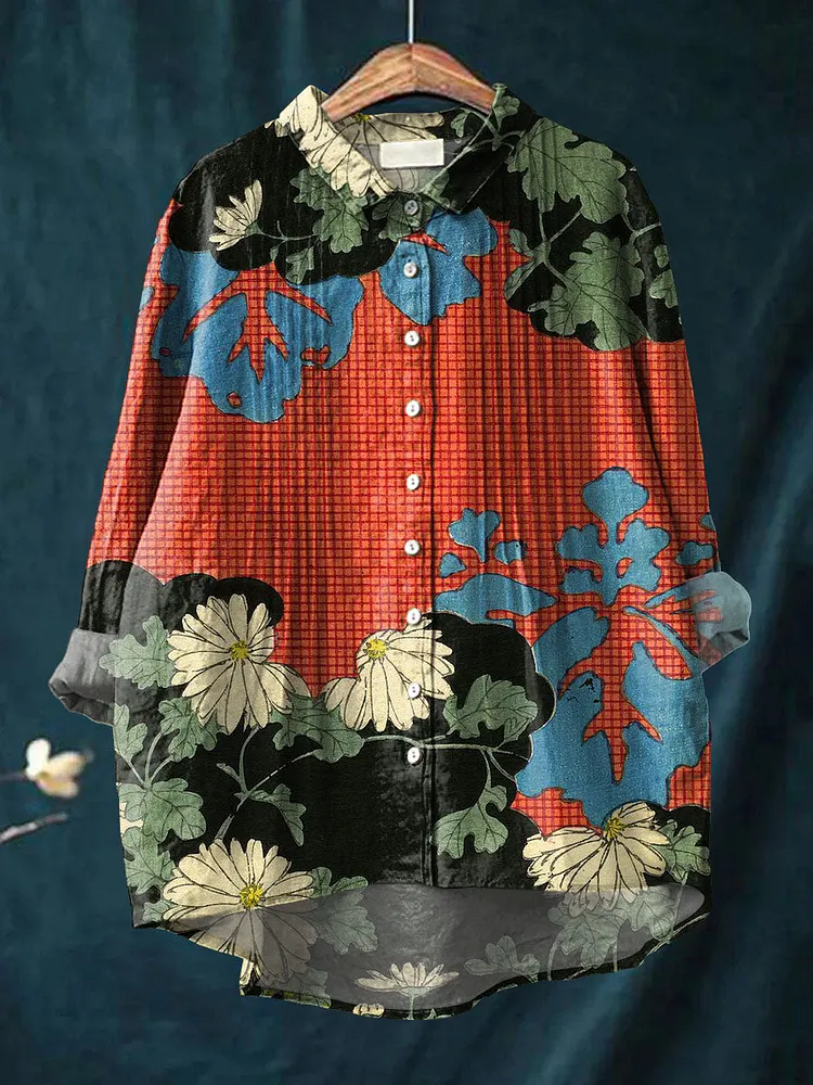 Women's Vintage Floral Art Print Casual Cotton And Linen Ruffle Shirt