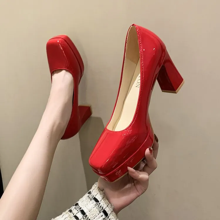 Churchf Churchf Size Square Head High Heels Fashion Waterproof Platform Women's Fashion Cover Foot Bright Skin Thick Heel Work Single Shoes