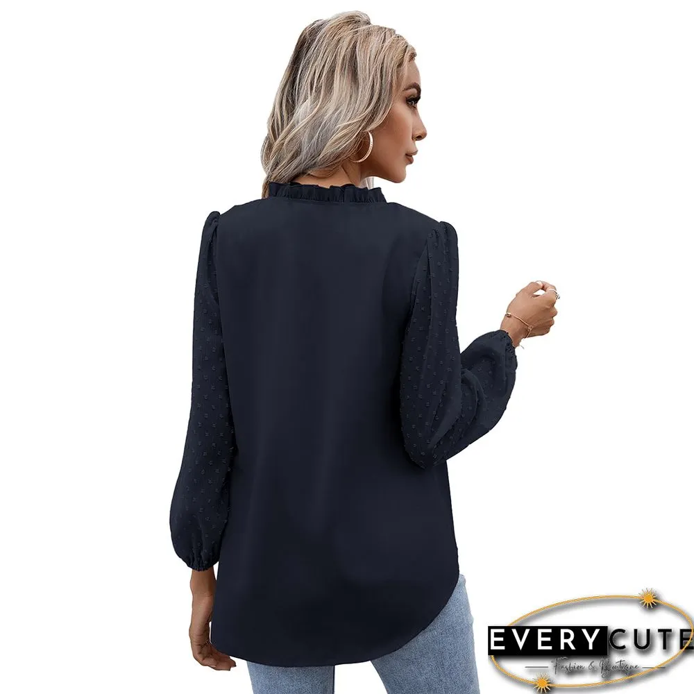 Navy Blue Puff Sleeve V Neck Long Sleeve Blouse
