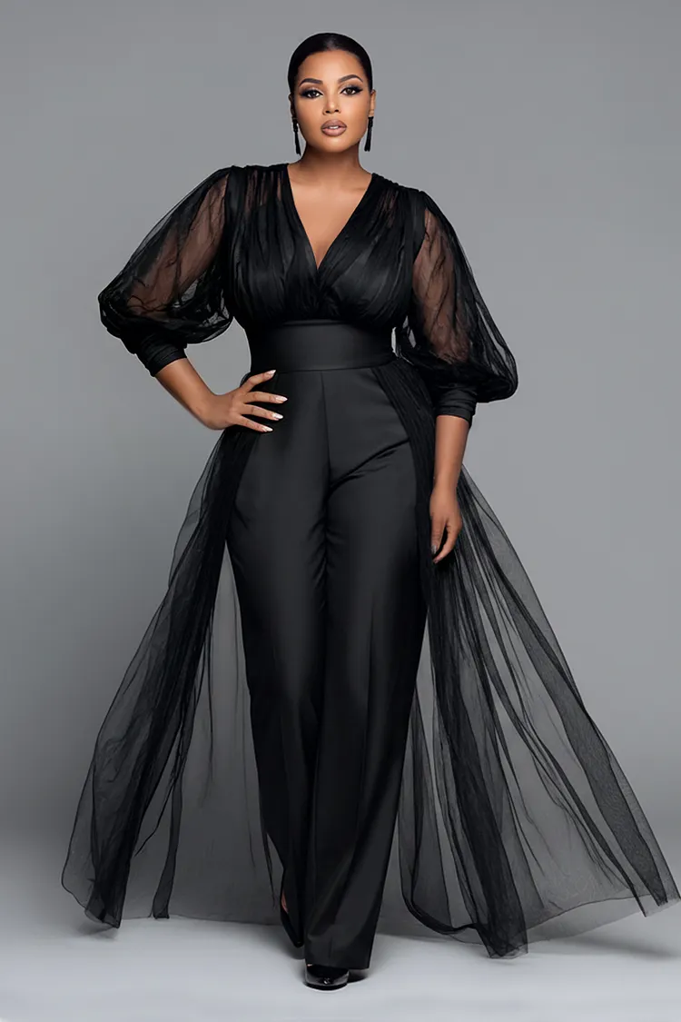 Xpluswear Design Plus Size Formal Tulle Black V Neck Lantern Sleeve 3/4 ...