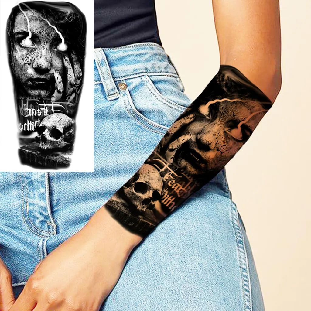 Sdrawing Skull Halloween Skeleton Temporary Tattoo For Men Adults Realistic Lion Tiger Wolf Scary Fake Tattoo Sticker Forearm Tatoo