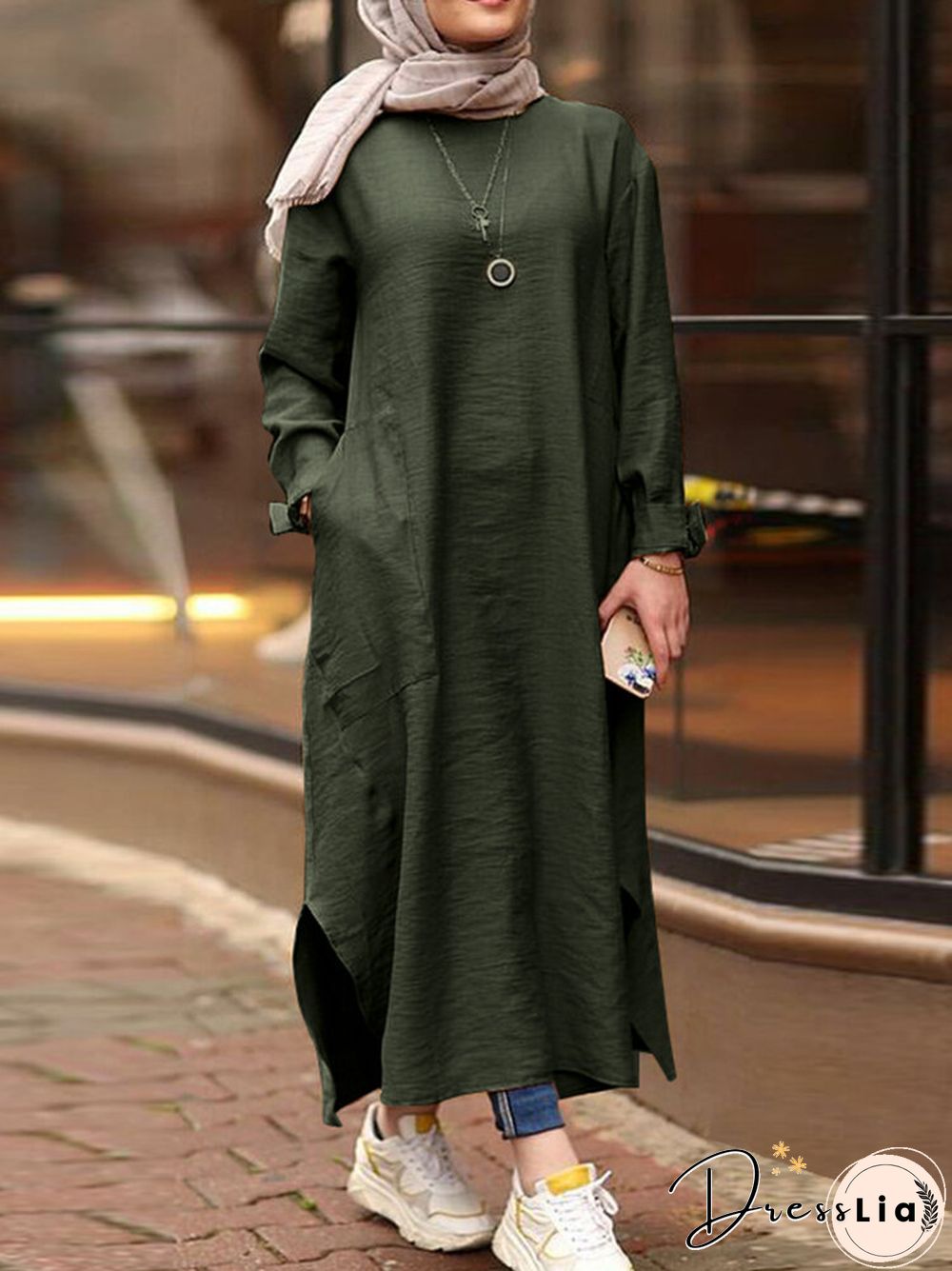 Casual Solid Color Side Split Pockets Long Sleeve Dress