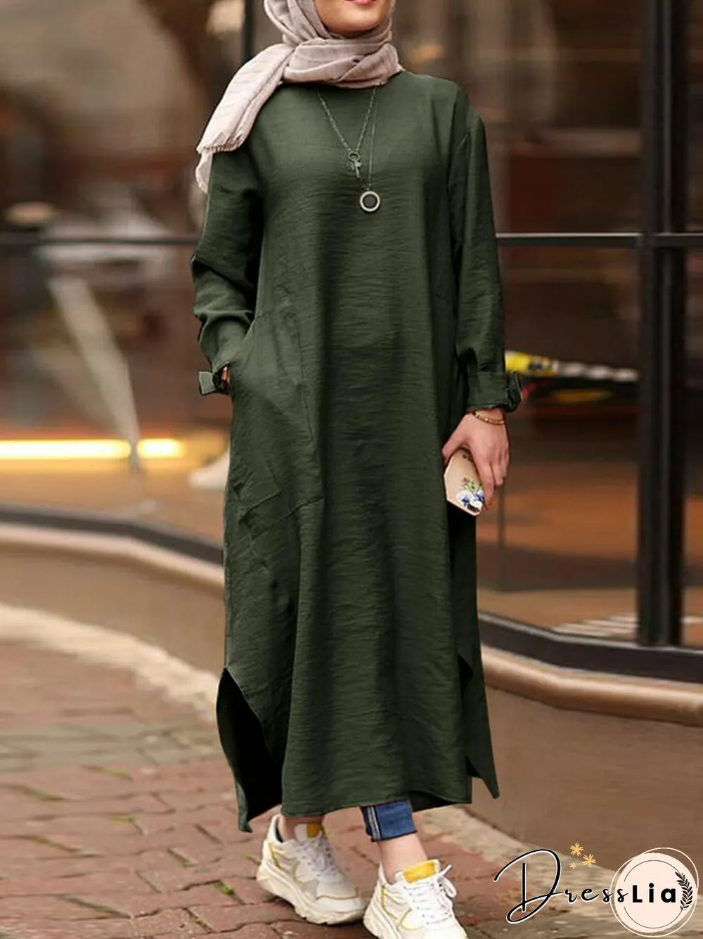 Casual Solid Color Side Split Pockets Long Sleeve Dress