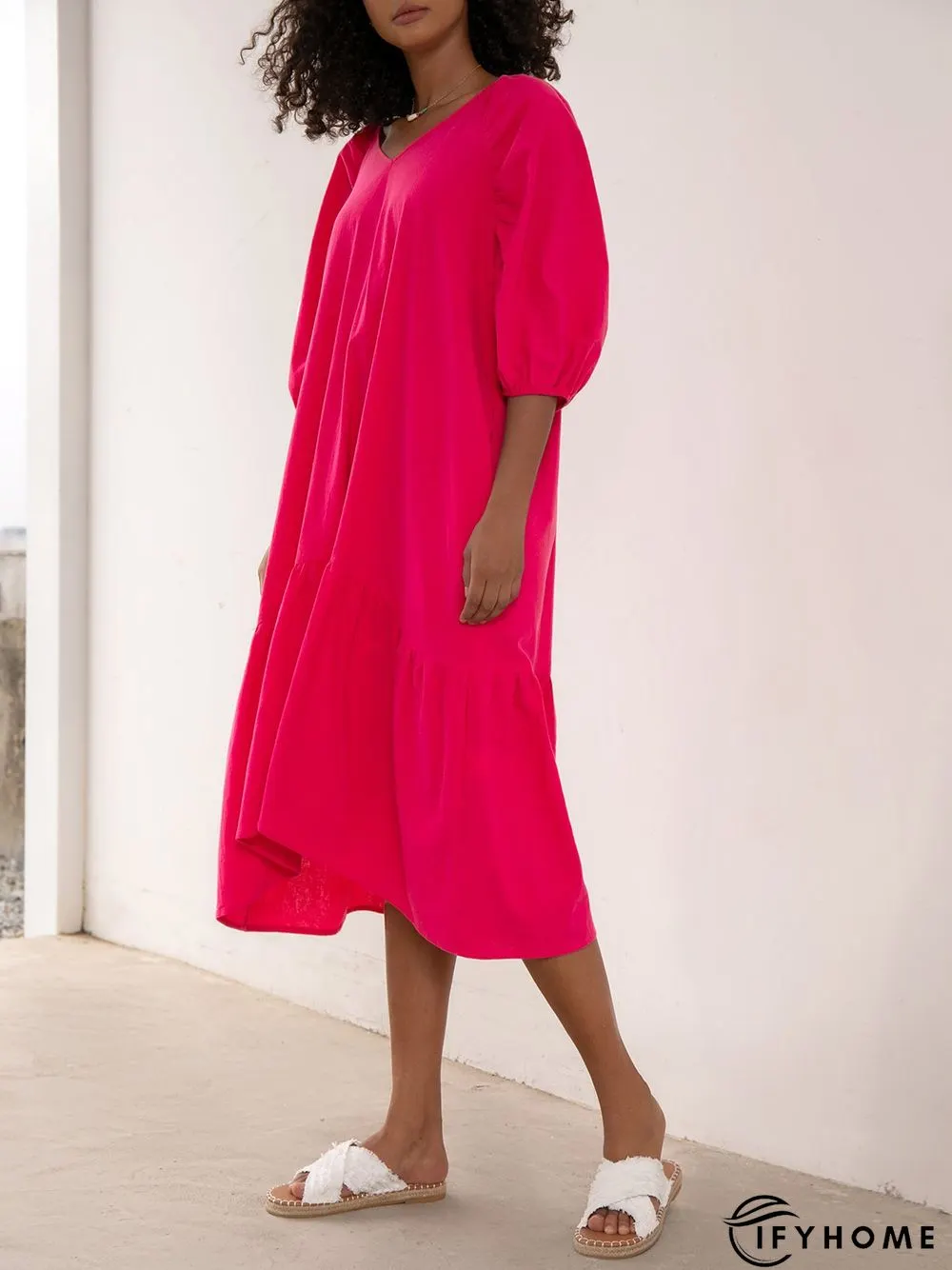 Plain Holiday Balloon Sleeve Cotton-Blend Weaving Dress | IFYHOME