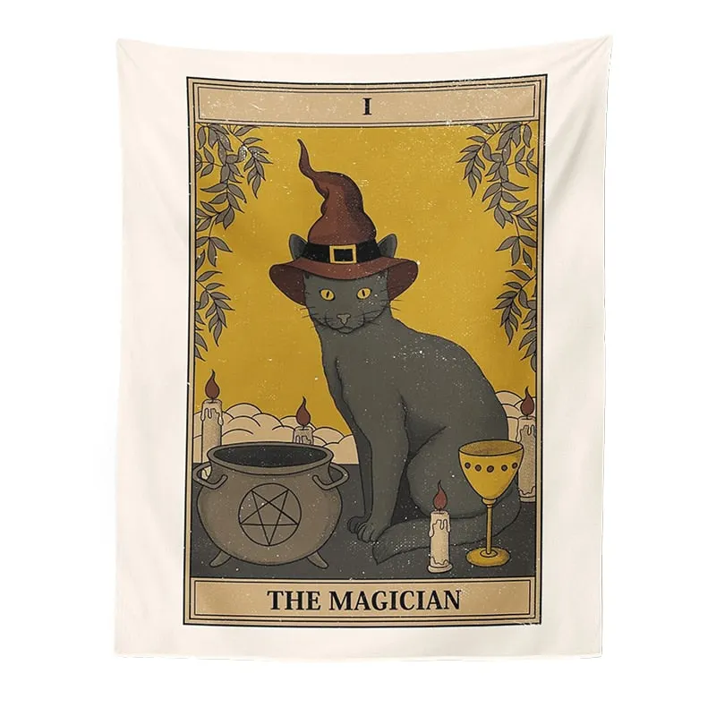 Cat Divination Witchcraft Tarot Card Tapestry Wall Hanging Tapestries Baphomet Occult Home Wall Moon phase Mat Decor Cat Coven
