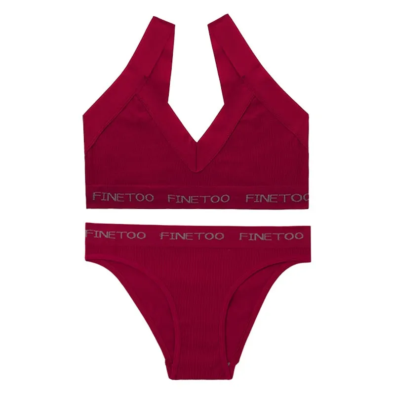 FINETOO Deep V Bra Set M-XL Women Seamless Underwear Girls Soft Tops and Letter Briefs Ladies Bras Set Comfortable Lingerie Set