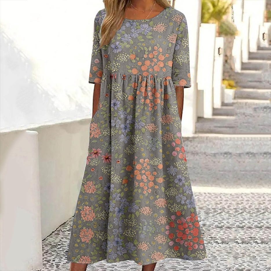 Women's Floral Print Crew Neck Linen Blend Casual Midi Dress elevenforest