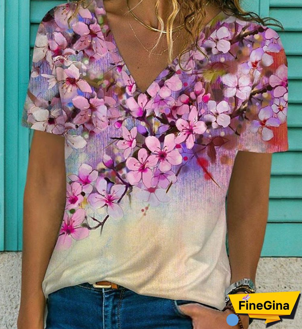 Pink Flower Print V-Neck Daily T-Shirt