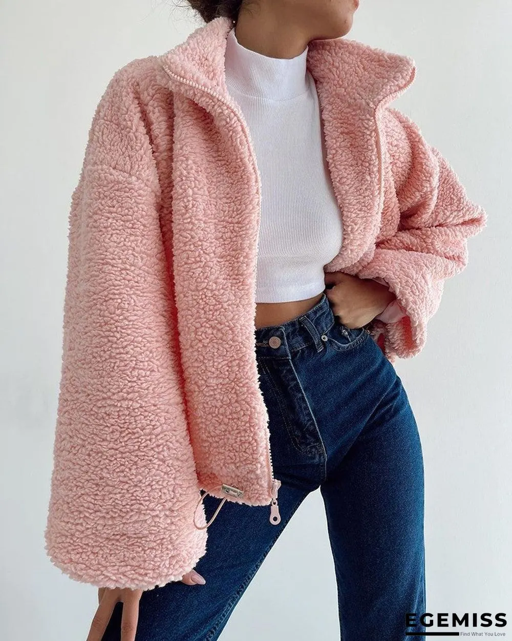 Lantern Sleeve Zip Front Teddy Coat | EGEMISS