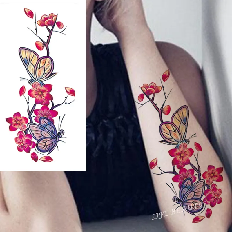 Sdrawing Temporary Flower Tattoos Women Fashion Beauty Rose Butterfly Flash 3D Fake Tattoo Arm Sleeve Pink Blue Sticker Girl