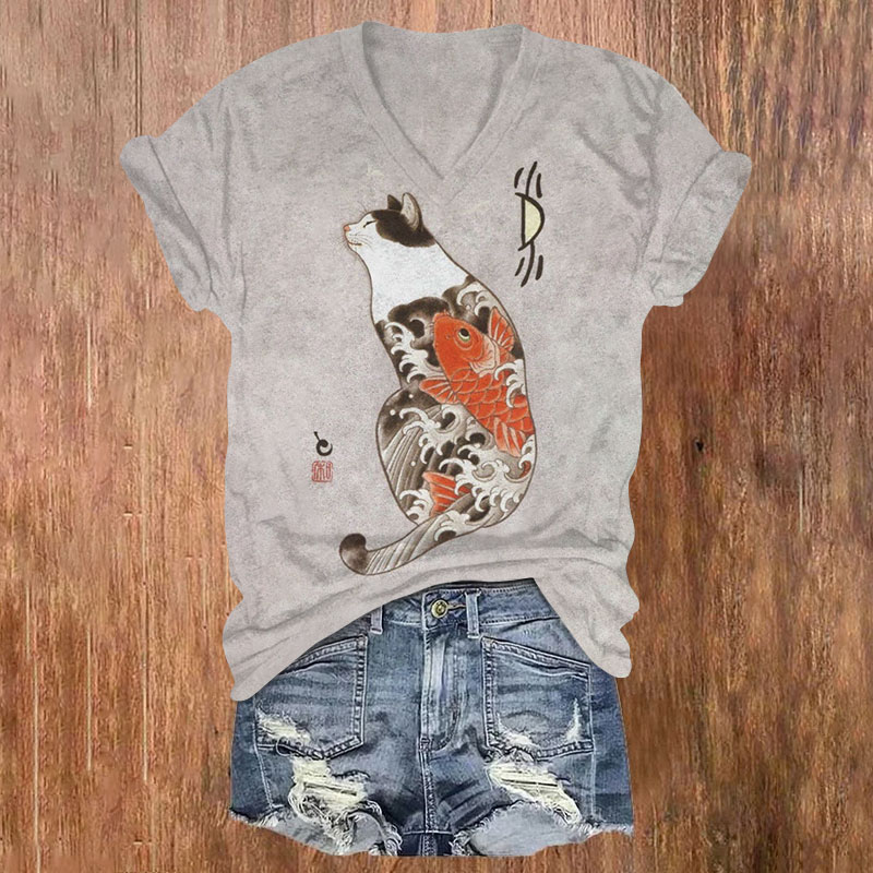 Vintage Cat Japanese Art Print V-Neck T-Shirt elevenforest